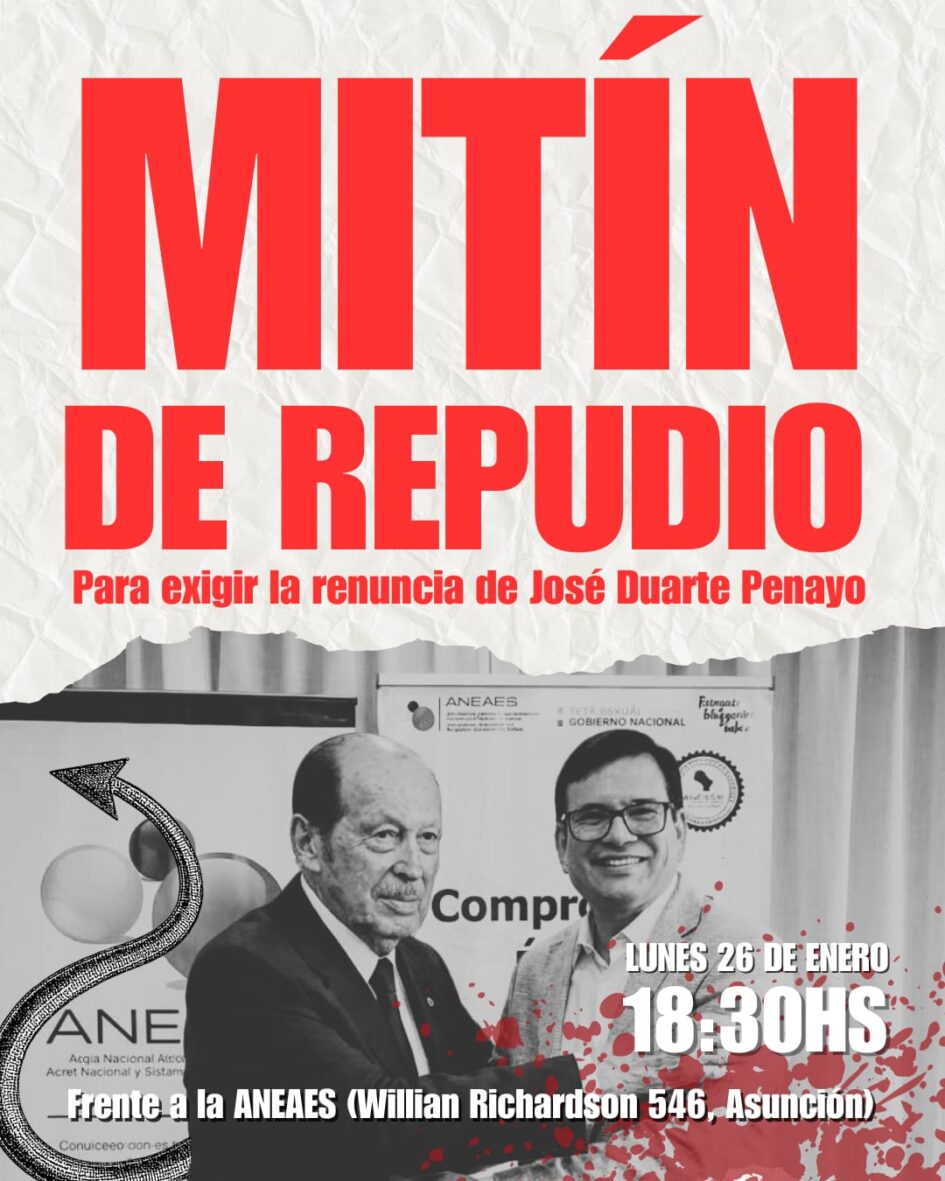 Mitin contra el revisionismo stronista. Estudiantes exigen la renuncia del titular de la ANEAES por relativizar los crímenes de la tiranía militar fascista.